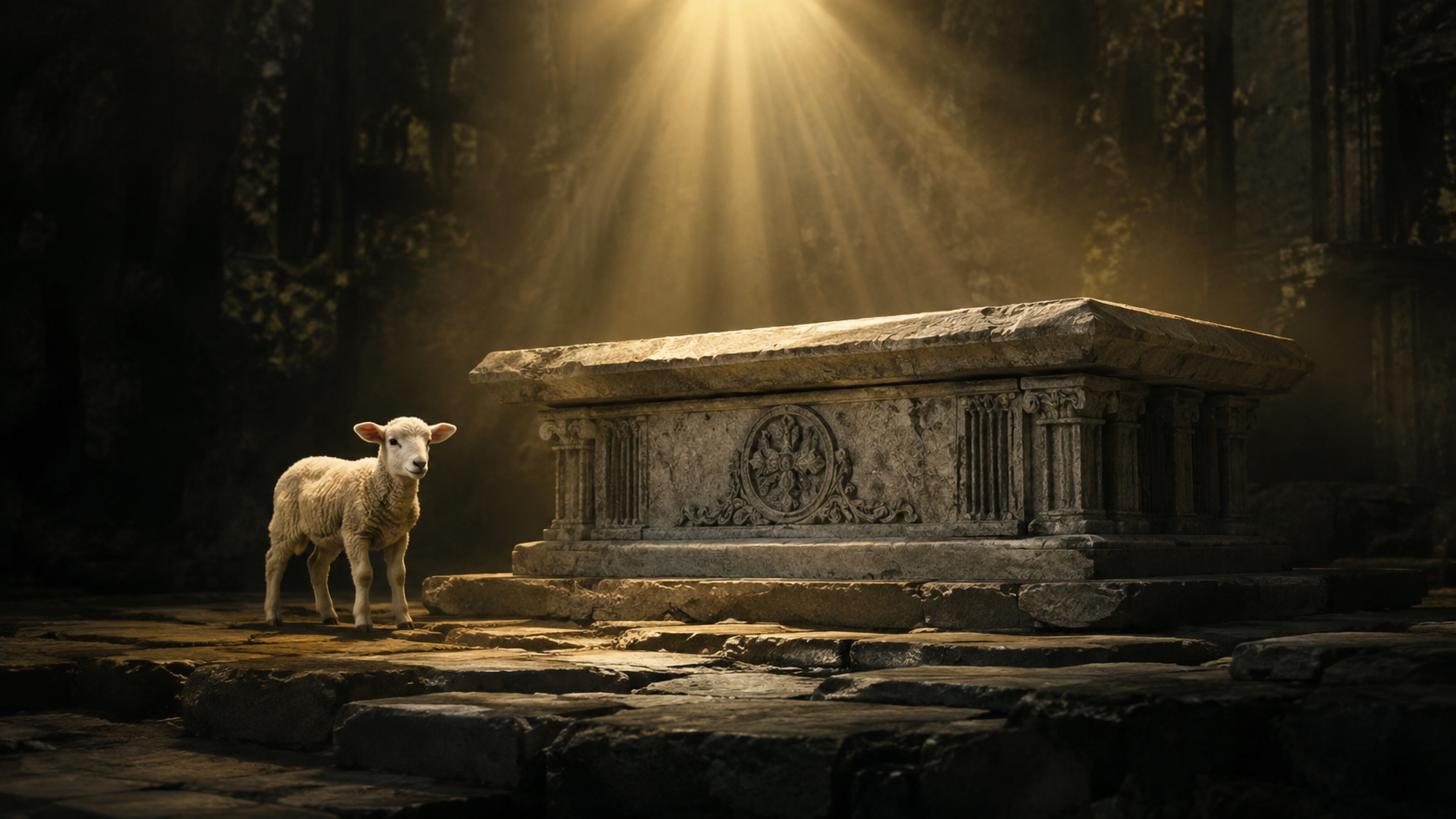 Imagem impactante com altar, luz celestial e cordeiro